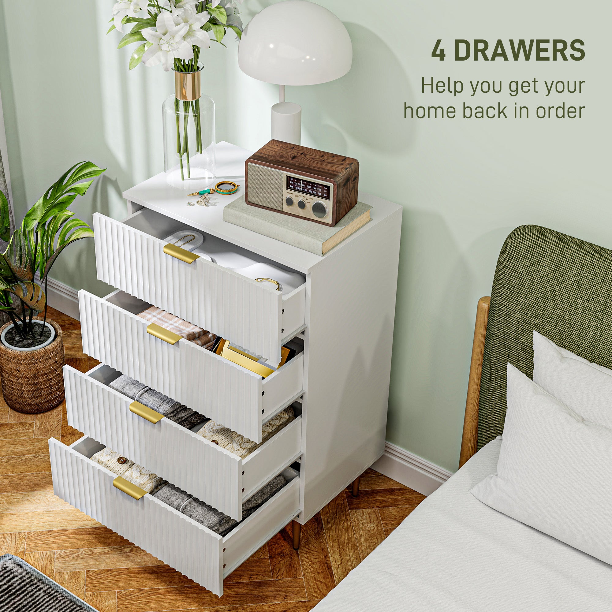 Modern 4 Drawer Chest of Drawers - White with Gold Legs-DECOROLALA