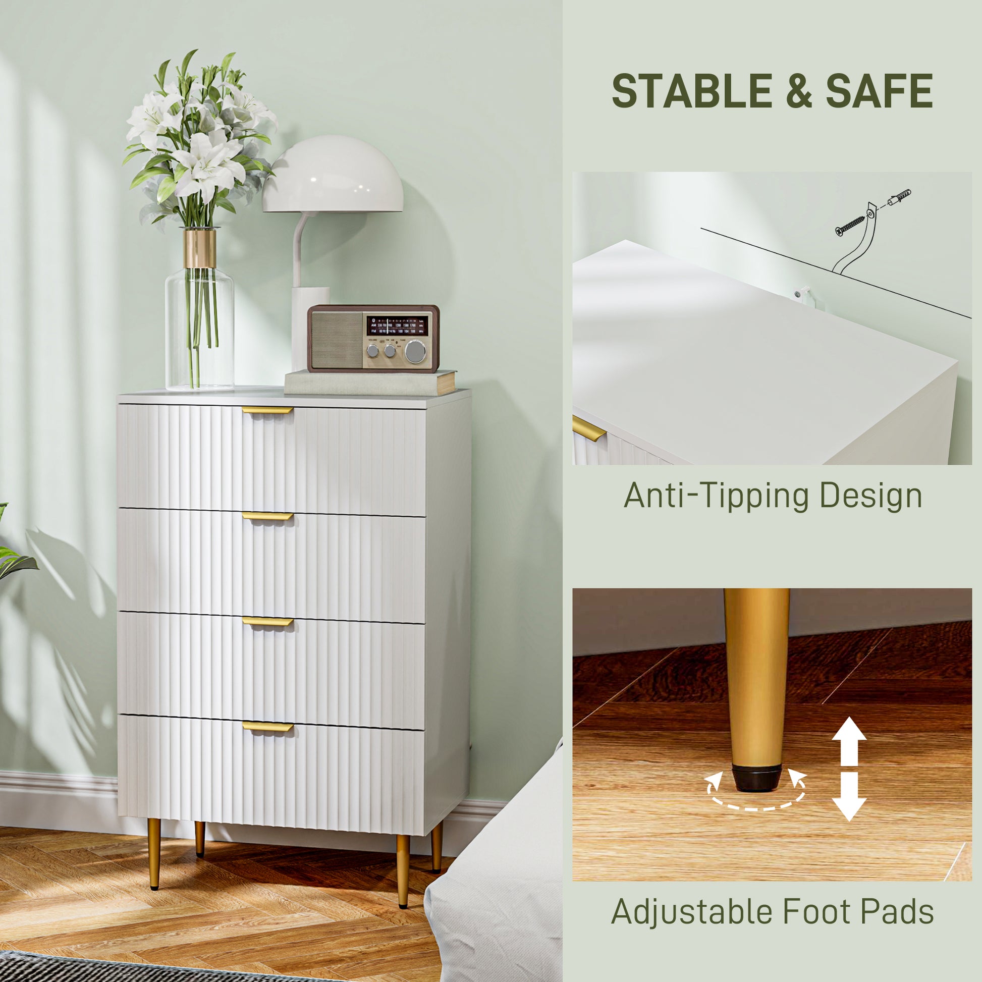 Modern 4 Drawer Chest of Drawers - White with Gold Legs-DECOROLALA