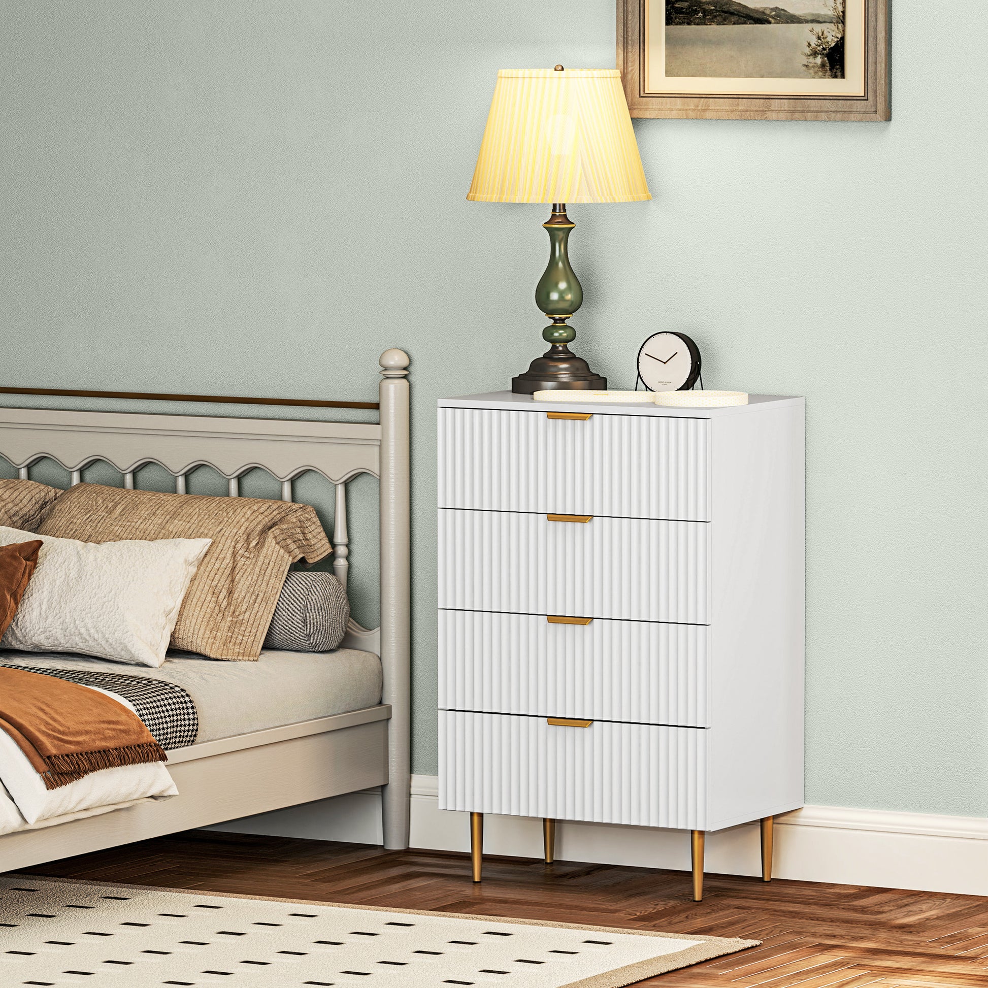 Modern 4 Drawer Chest of Drawers - White with Gold Legs-DECOROLALA