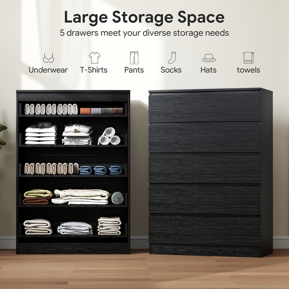 Modern 5-Drawer Dresser - Black Handle-free MDF Chest-Dressers & Chests-DECOROLALA