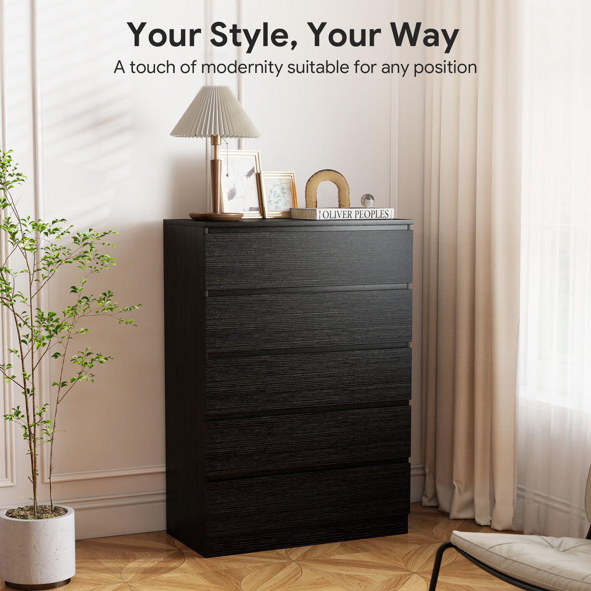 Modern 5-Drawer Dresser - Black Handle-free MDF Chest-Dressers & Chests-DECOROLALA