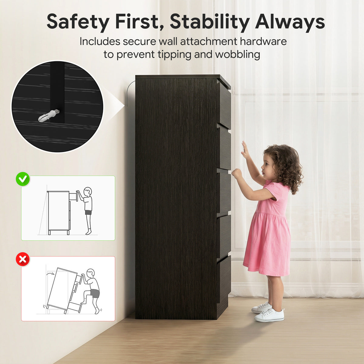 Modern 5-Drawer Dresser - Black Handle-free MDF Chest-Dressers & Chests-DECOROLALA