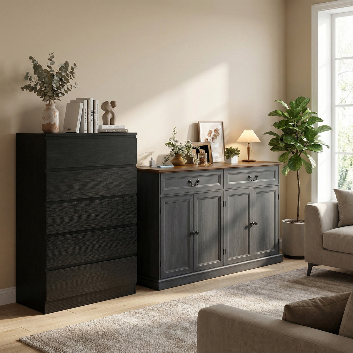 Modern 5-Drawer Dresser - Black Handle-free MDF Chest-Dressers & Chests-DECOROLALA
