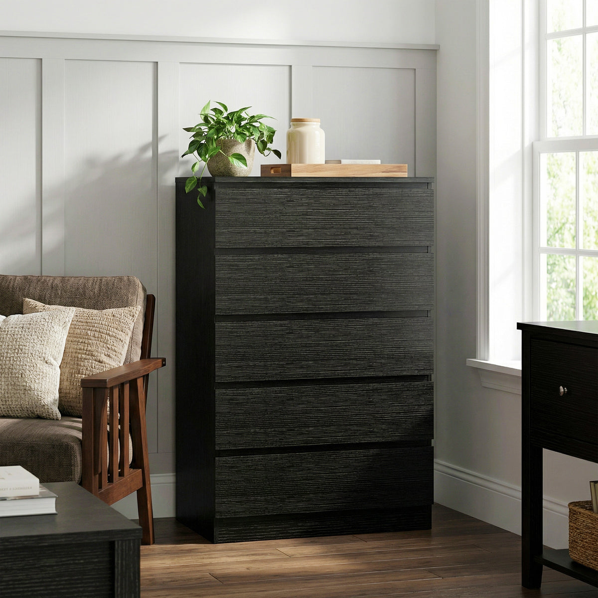Modern 5-Drawer Dresser - Black Handle-free MDF Chest-Dressers & Chests-DECOROLALA