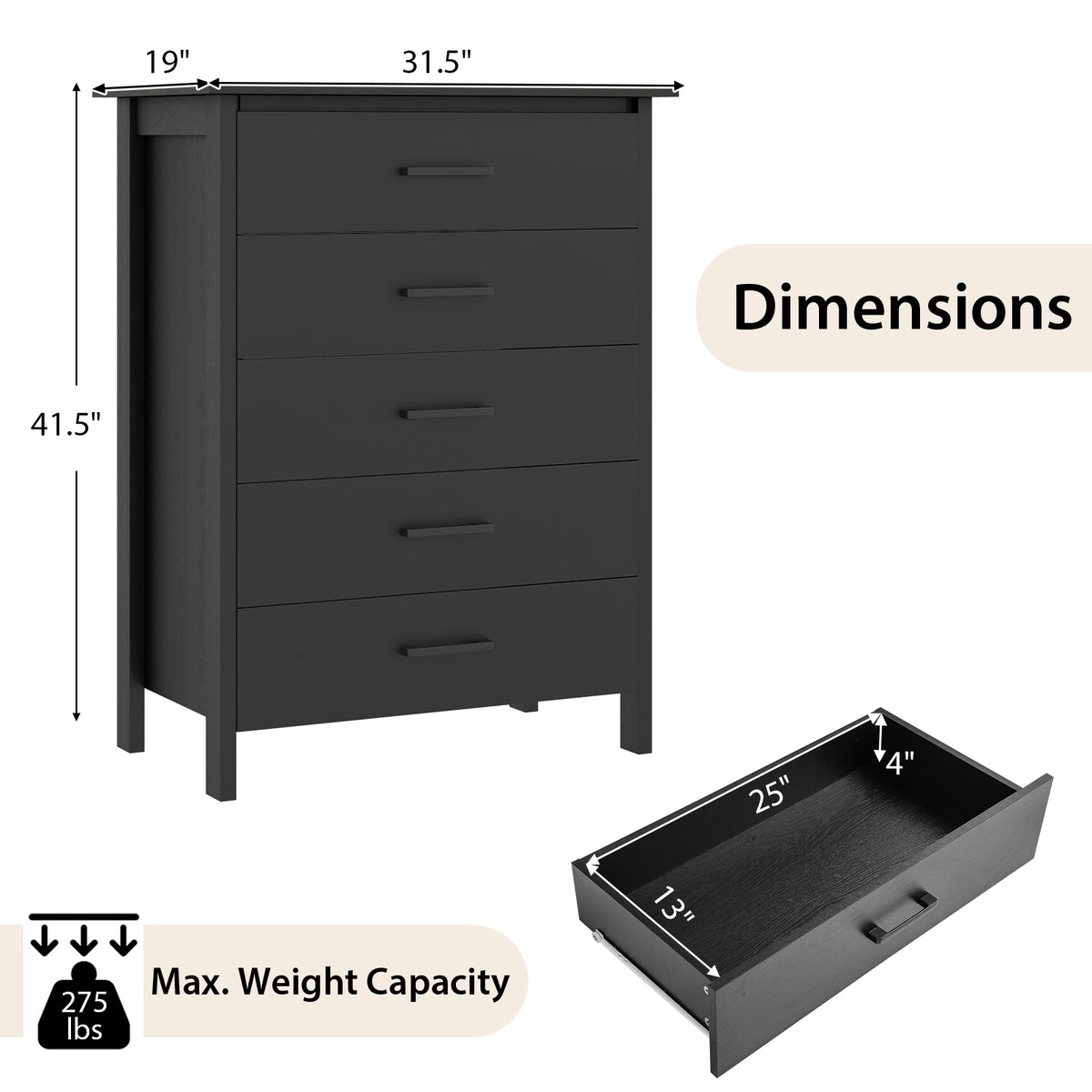 5-Drawer Chest Dresser - Black (min order qty 2)-Dressers & Chests-DECOROLALA