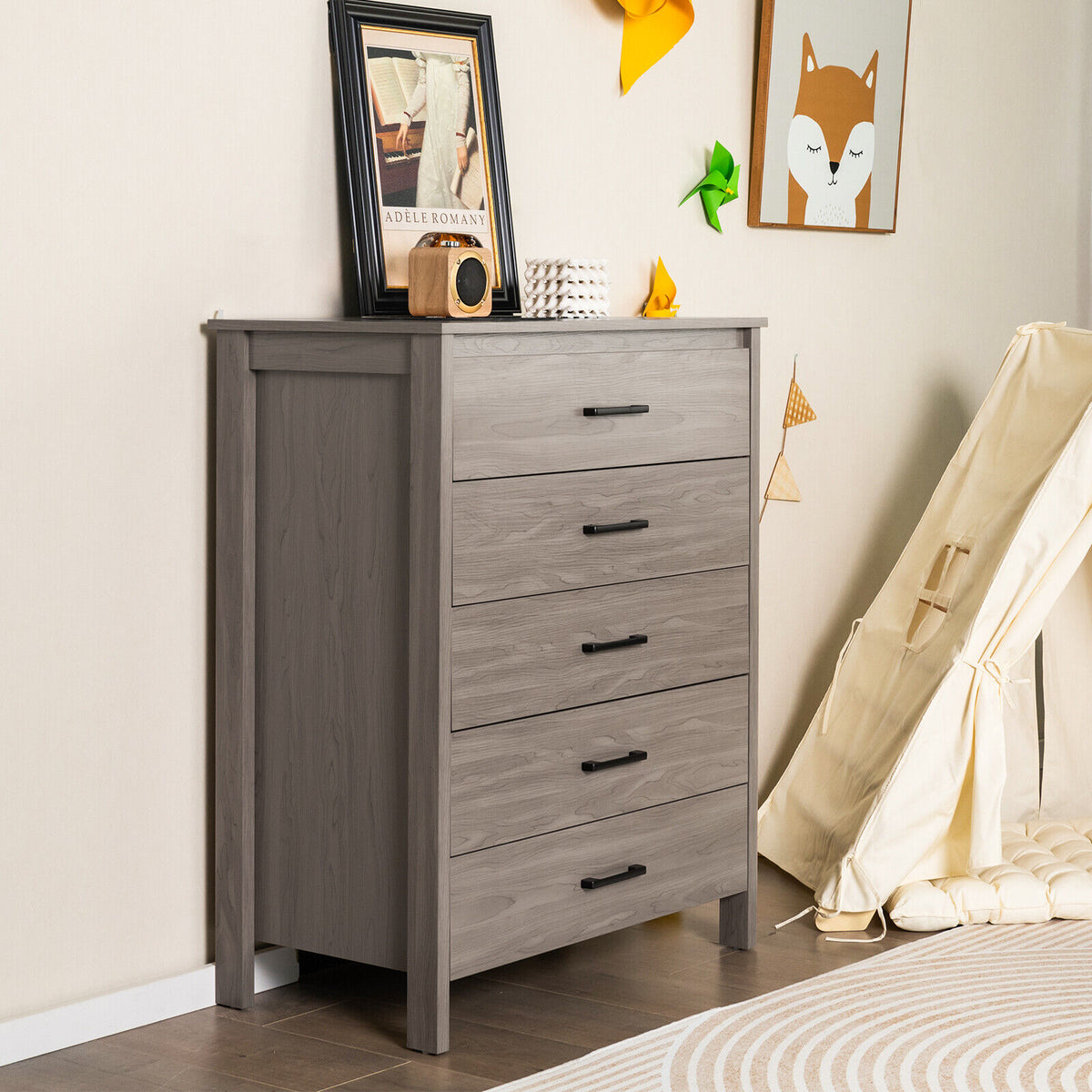 Modern 5-Drawer Multipurpose Chest Dresser with Metal Handles-Gray-Dressers & Chests-DECOROLALA