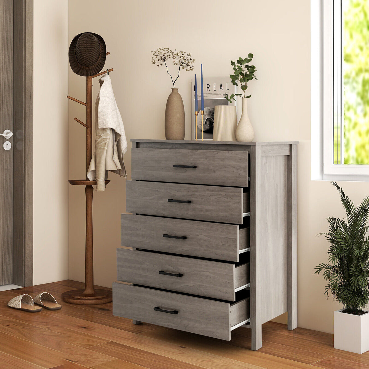 Modern 5-Drawer Multipurpose Chest Dresser with Metal Handles-Gray-Dressers & Chests-DECOROLALA