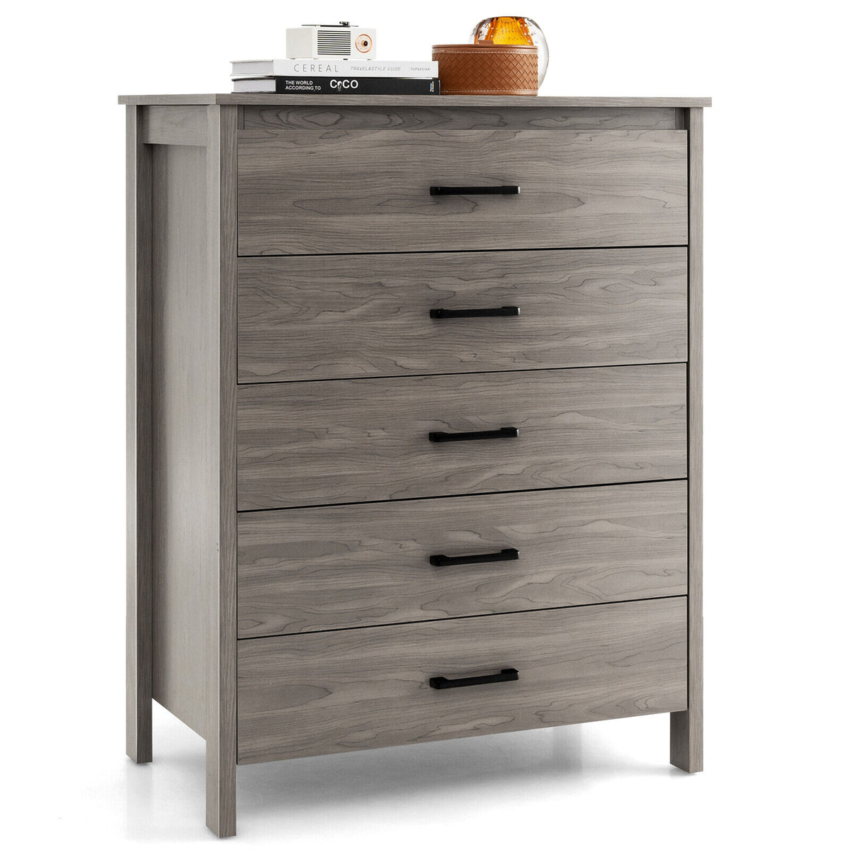 Modern 5-Drawer Multipurpose Chest Dresser with Metal Handles-Gray-Dressers & Chests-DECOROLALA