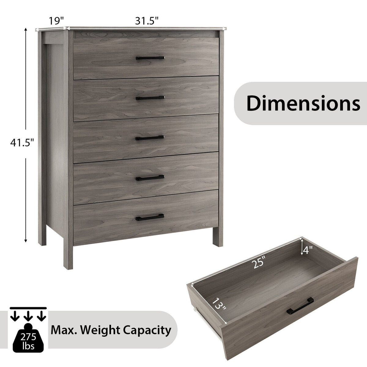 Modern 5-Drawer Multipurpose Chest Dresser with Metal Handles-Gray-Dressers & Chests-DECOROLALA