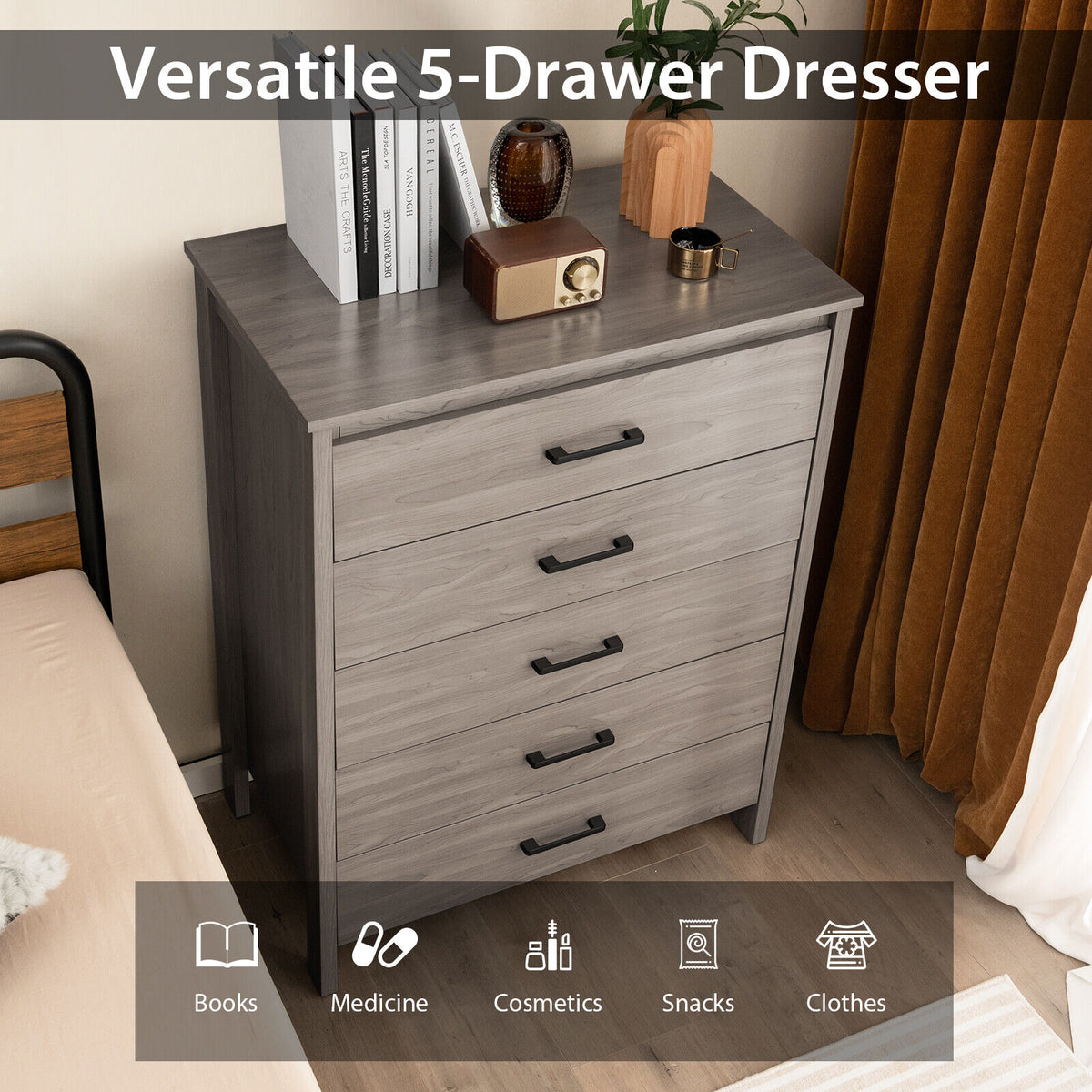 Modern 5-Drawer Multipurpose Chest Dresser with Metal Handles-Gray-Dressers & Chests-DECOROLALA