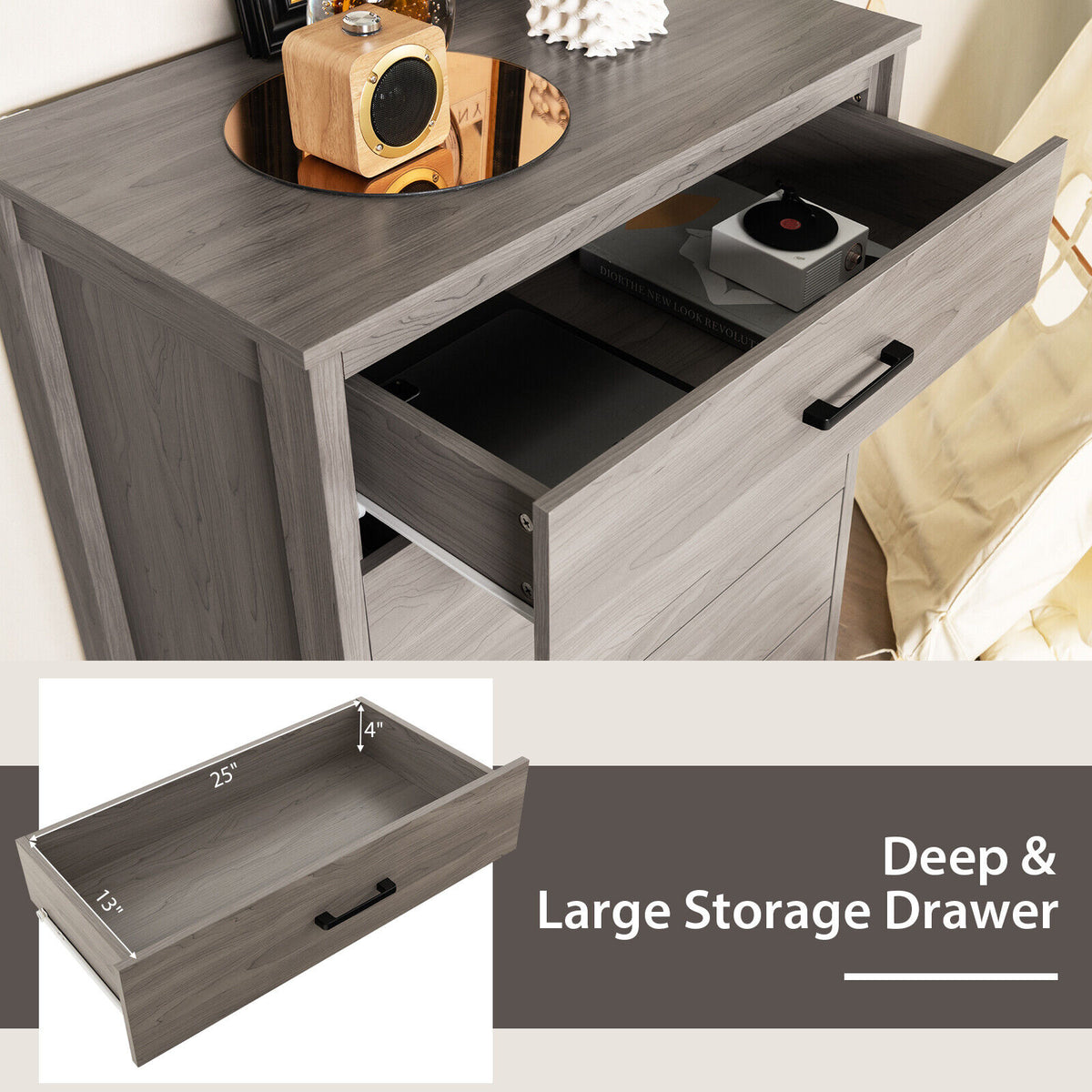Modern 5-Drawer Multipurpose Chest Dresser with Metal Handles-Gray-Dressers & Chests-DECOROLALA