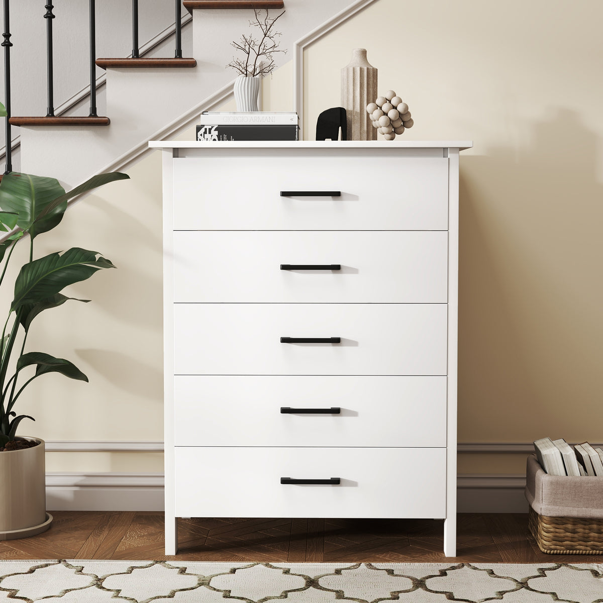 Modern 5-Drawer Multipurpose Chest Dresser with Metal Handles-White-Dressers & Chests-DECOROLALA