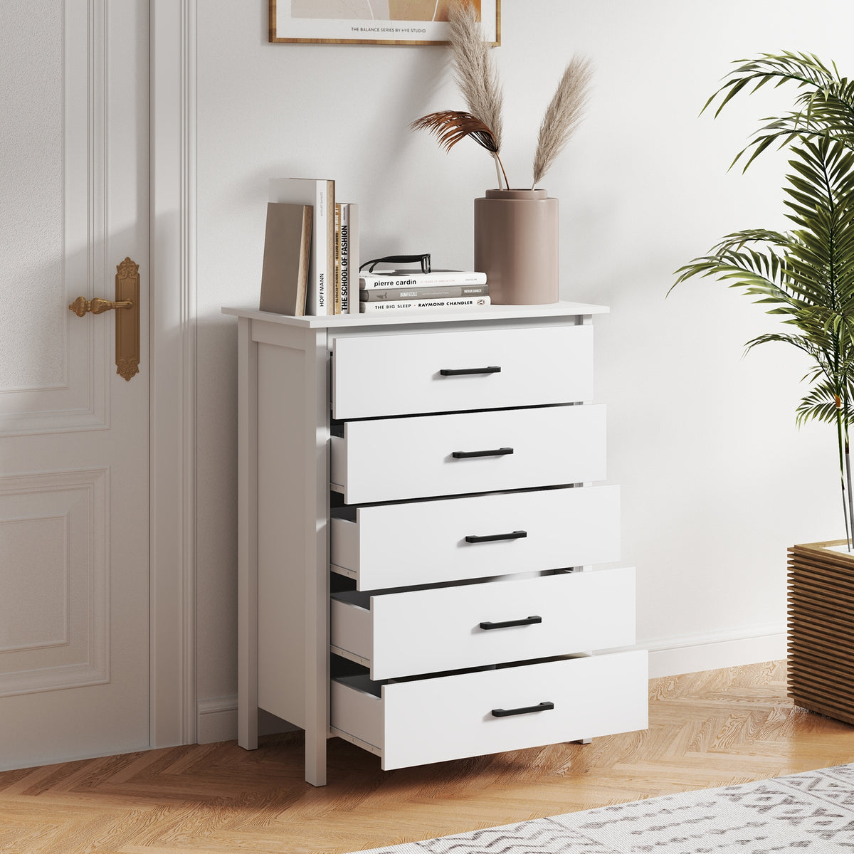 Modern 5-Drawer Multipurpose Chest Dresser with Metal Handles-White-Dressers & Chests-DECOROLALA