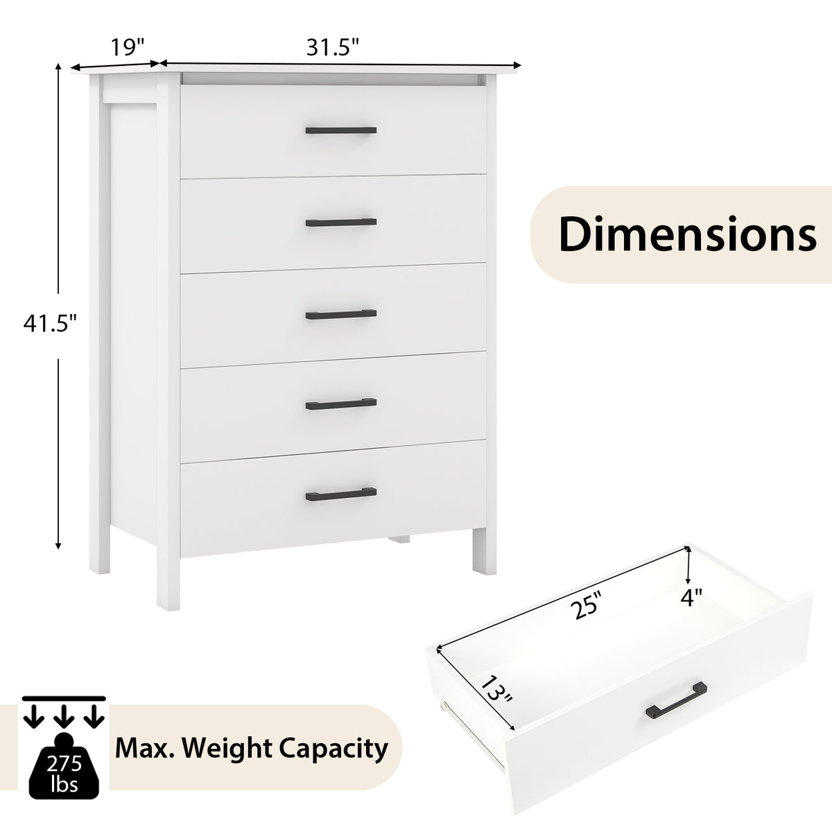 Modern 5-Drawer Multipurpose Chest Dresser with Metal Handles-White-Dressers & Chests-DECOROLALA