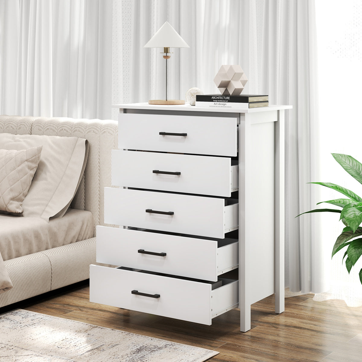 Modern 5-Drawer Multipurpose Chest Dresser with Metal Handles-White-Dressers & Chests-DECOROLALA