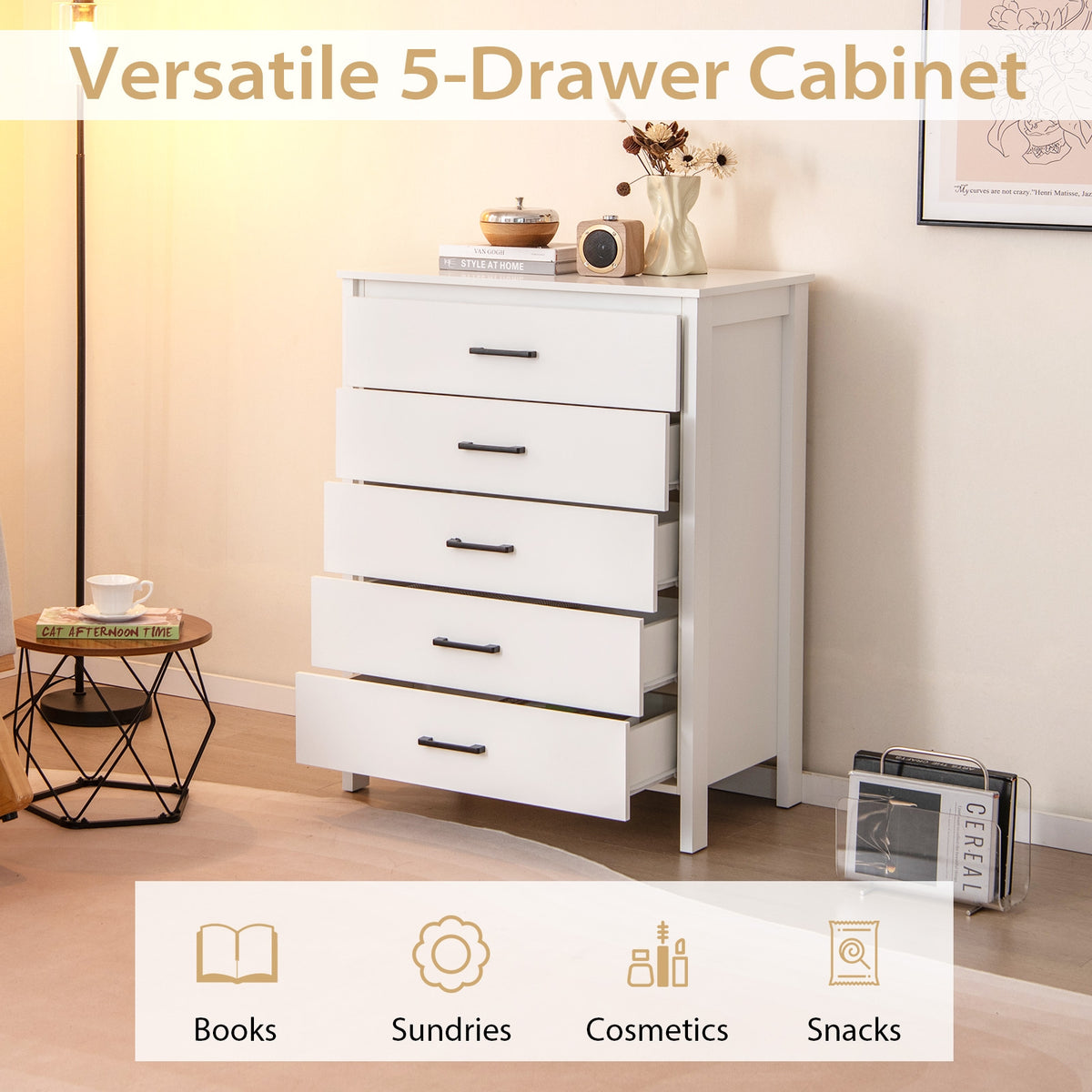 Modern 5-Drawer Multipurpose Chest Dresser with Metal Handles-White-Dressers & Chests-DECOROLALA