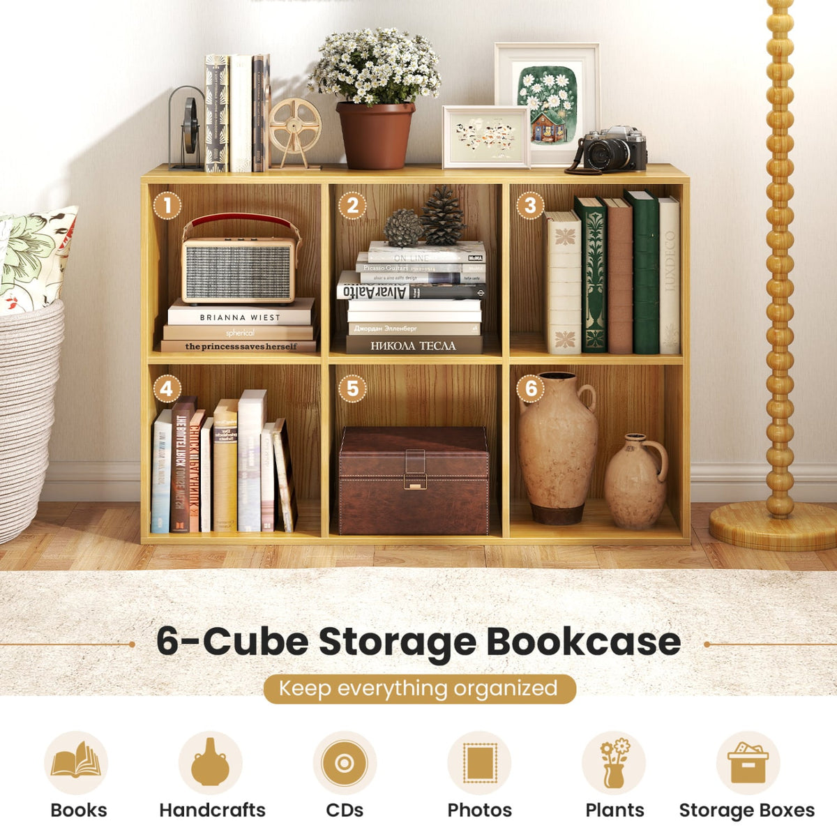 Modern 6-Cube Bookcase with Anti-tipping Kits for Bedroom Living Room-Burlywood-Bookcases-DECOROLALA