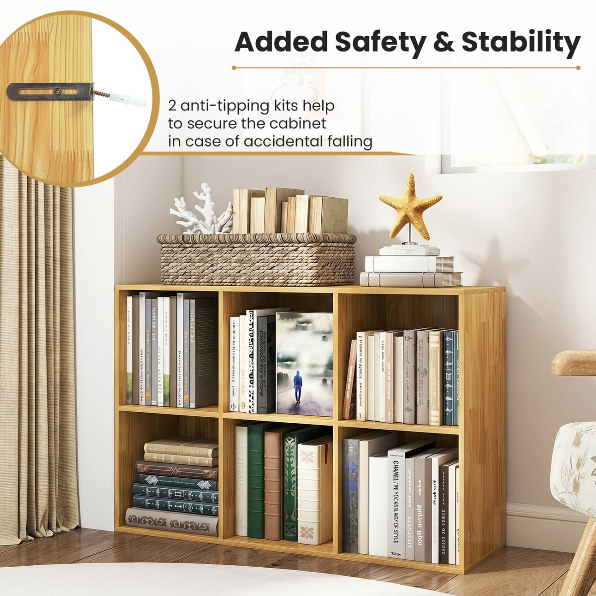 Modern 6-Cube Bookcase with Anti-tipping Kits for Bedroom Living Room-Burlywood-Bookcases-DECOROLALA
