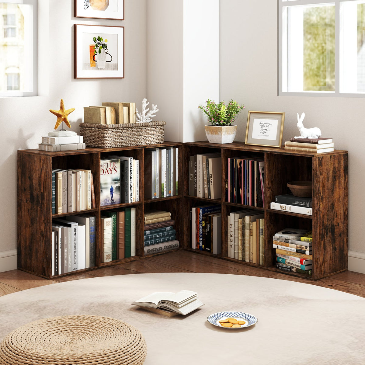 Modern 6-Cube Bookcase with Anti-tipping Kits for Bedroom Living Room-Rustic Brown-Bookcases-DECOROLALA