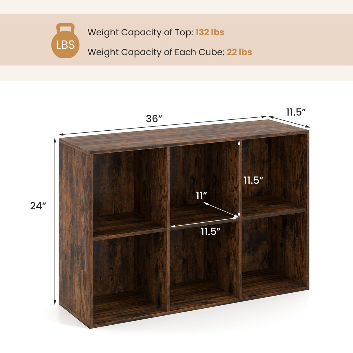 Modern 6-Cube Bookcase with Anti-tipping Kits for Bedroom Living Room-Rustic Brown-Bookcases-DECOROLALA
