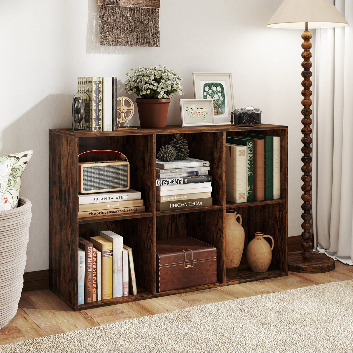Modern 6-Cube Bookcase with Anti-tipping Kits for Bedroom Living Room-Rustic Brown-Bookcases-DECOROLALA