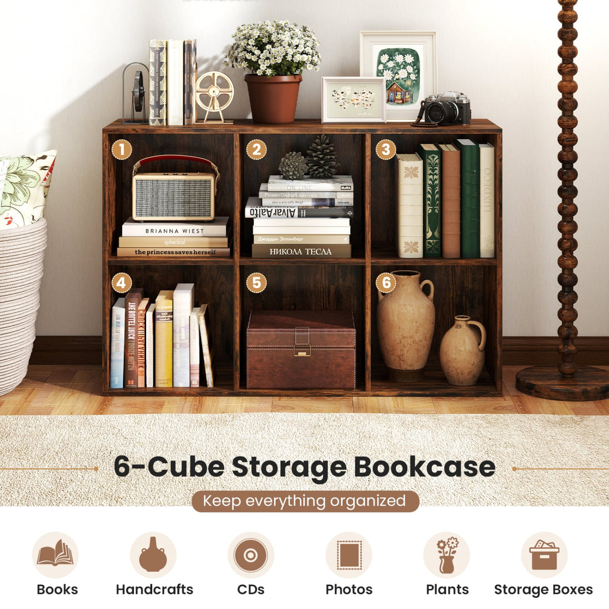Modern 6-Cube Bookcase with Anti-tipping Kits for Bedroom Living Room-Rustic Brown-Bookcases-DECOROLALA