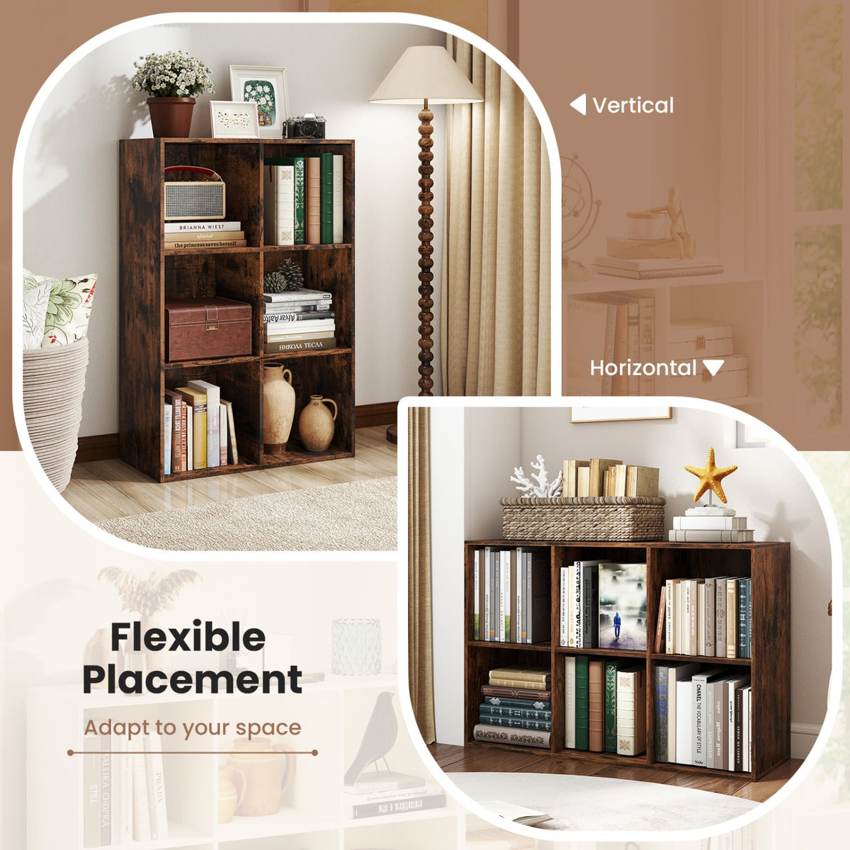 Modern 6-Cube Bookcase with Anti-tipping Kits for Bedroom Living Room-Rustic Brown-Bookcases-DECOROLALA