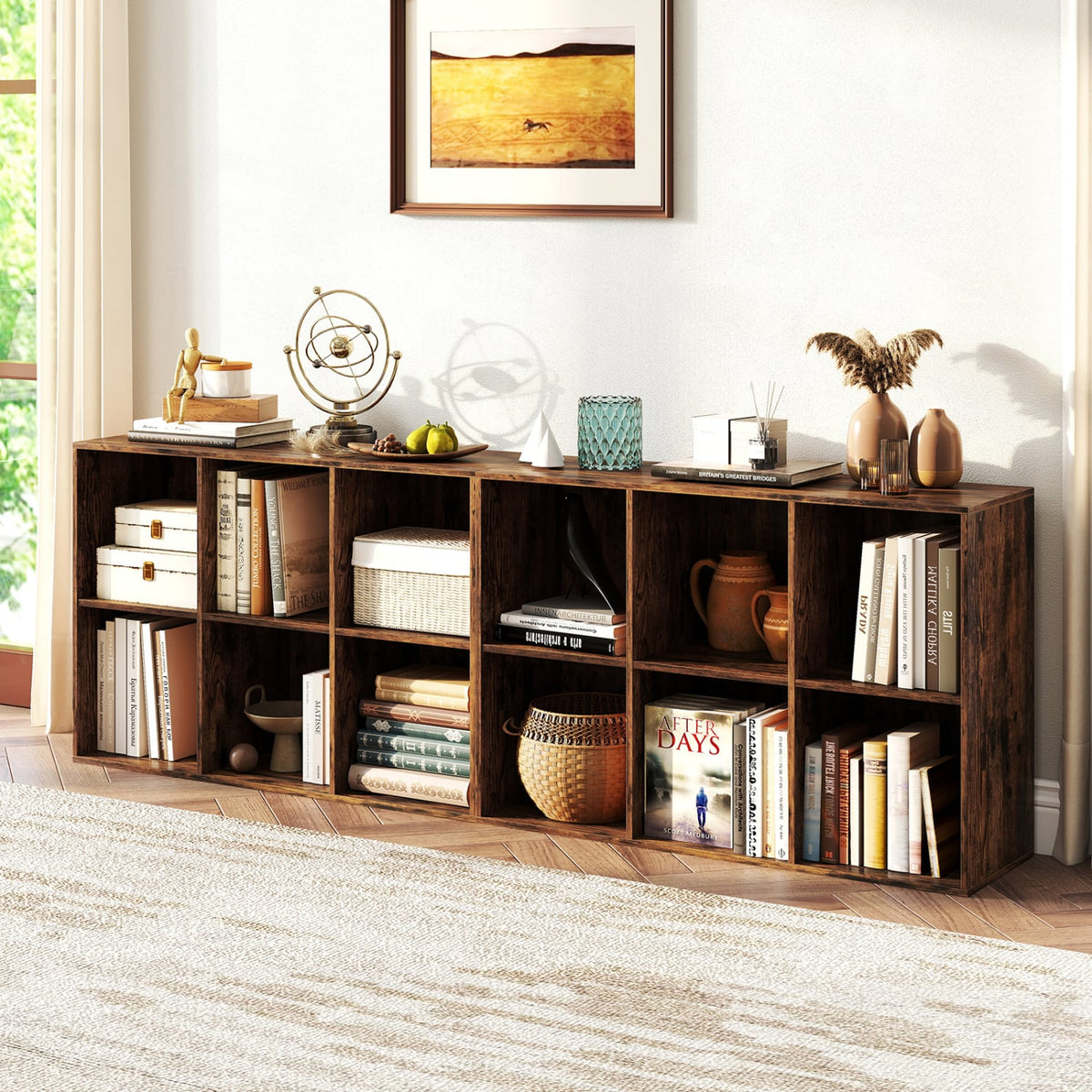 Modern 6-Cube Bookcase with Anti-tipping Kits for Bedroom Living Room-Rustic Brown-Bookcases-DECOROLALA