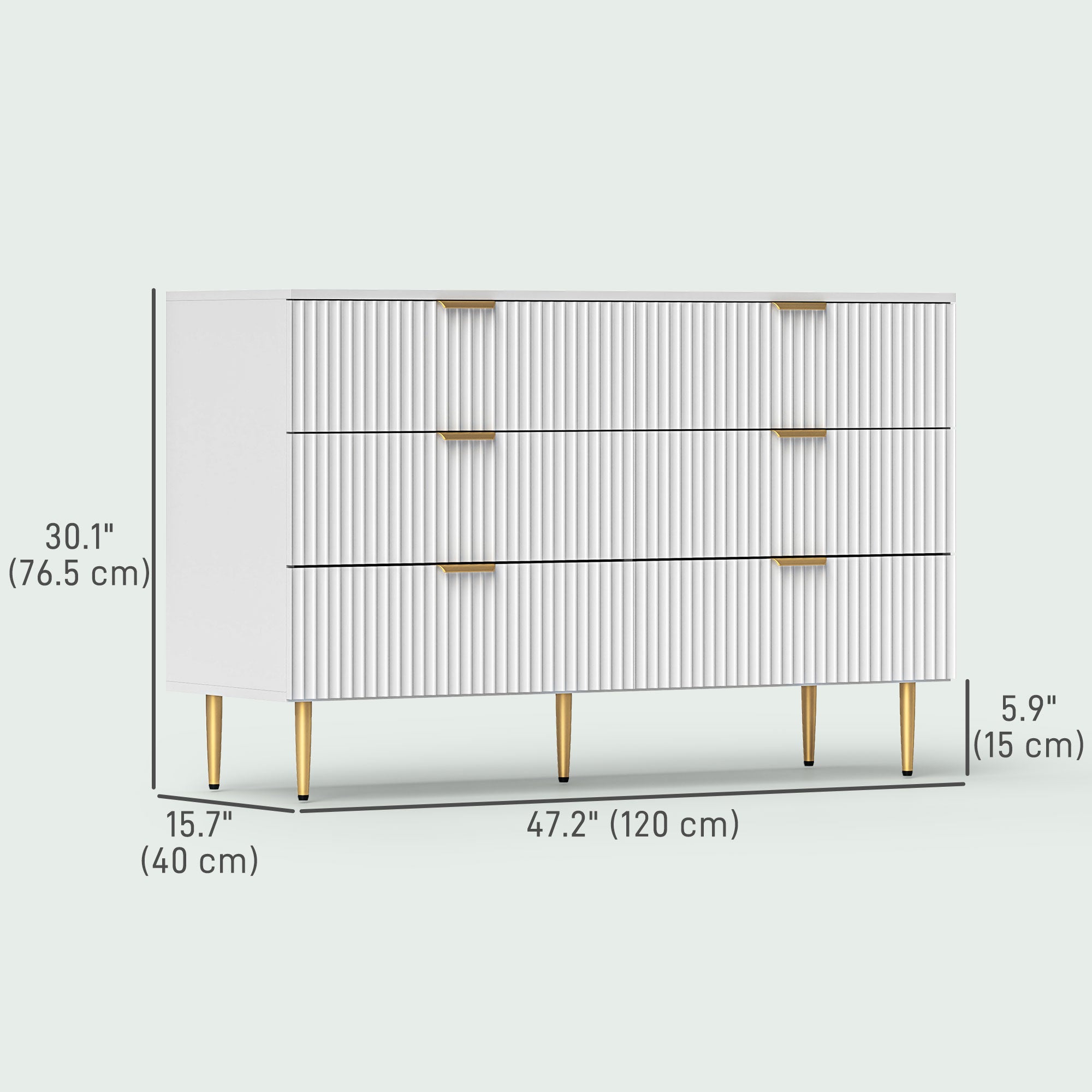 Modern 6 Drawer Chest of Drawers - White with Gold Legs 47" W-DECOROLALA