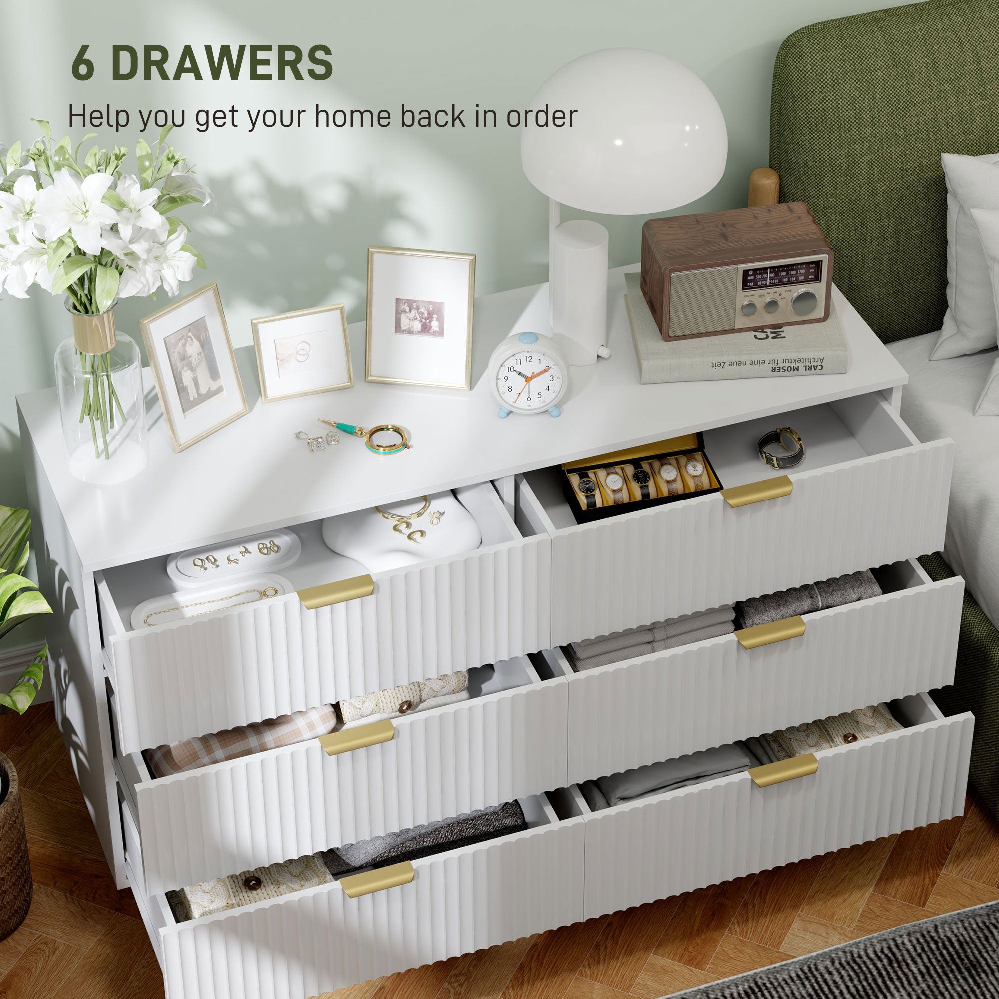 Modern 6 Drawer Chest of Drawers - White with Gold Legs 47" W-DECOROLALA