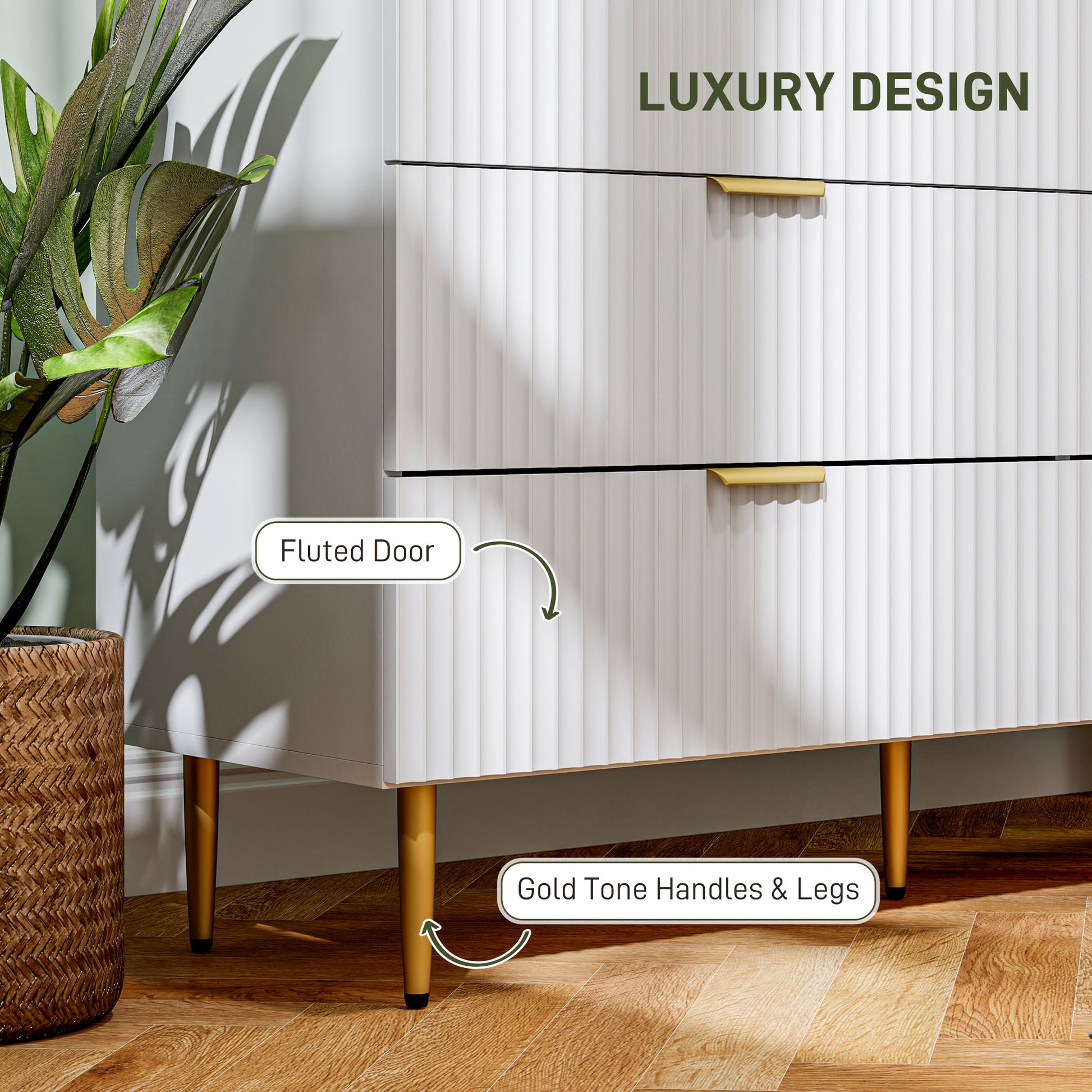 Modern 6 Drawer Chest of Drawers - White with Gold Legs 47" W-DECOROLALA