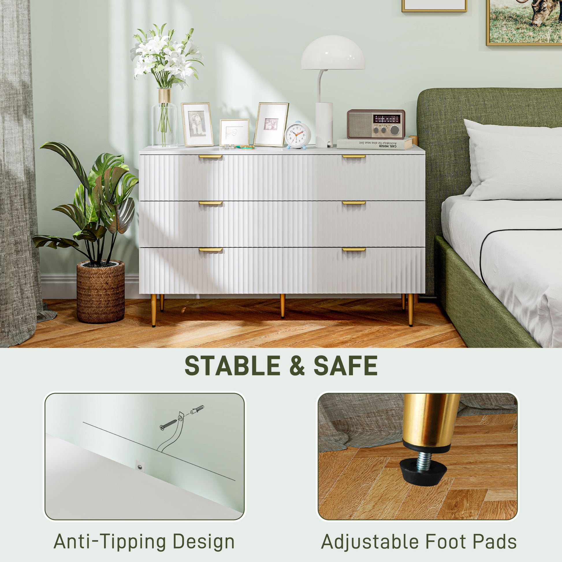 Modern 6 Drawer Chest of Drawers - White with Gold Legs 47" W-DECOROLALA