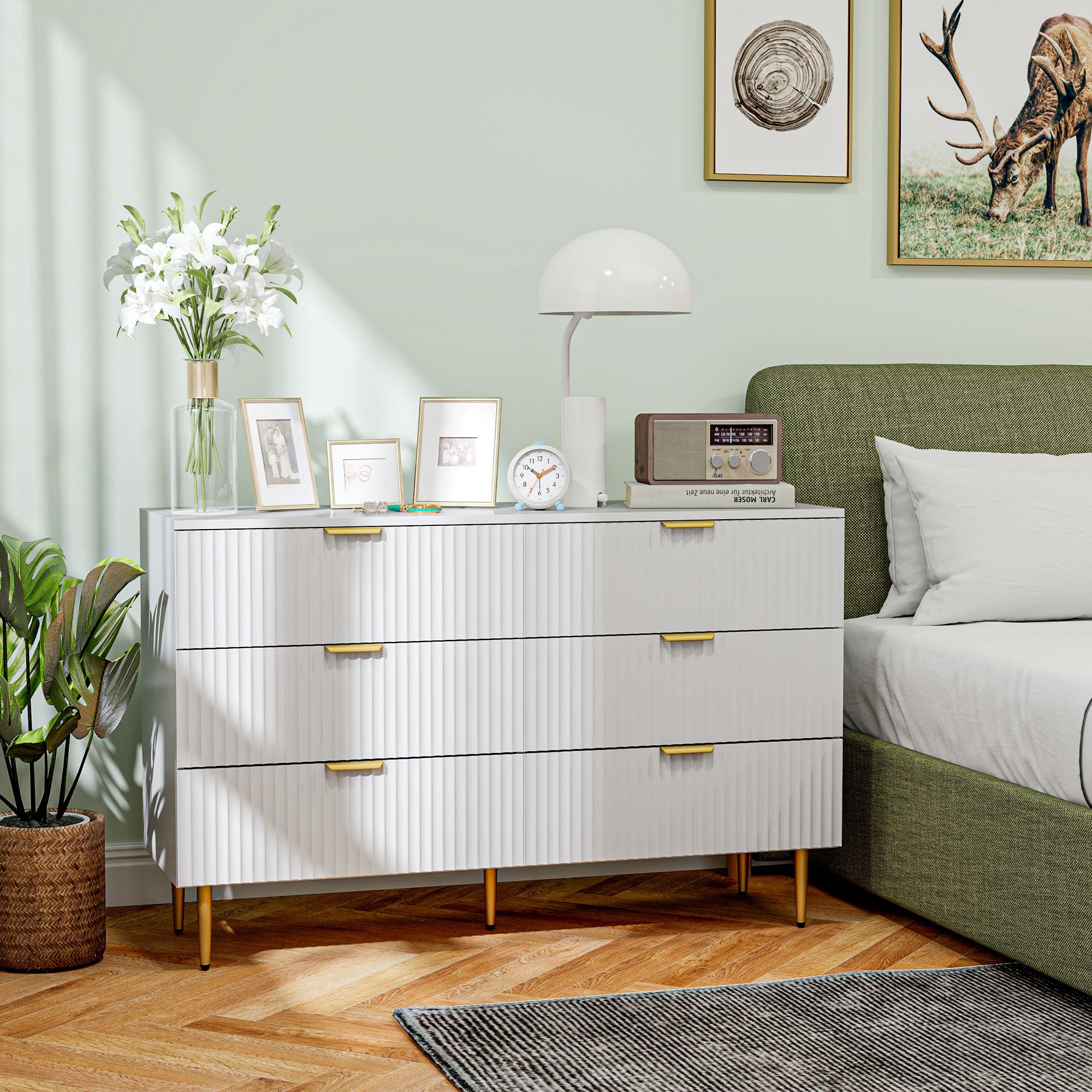 Modern 6 Drawer Chest of Drawers - White with Gold Legs 47" W-DECOROLALA