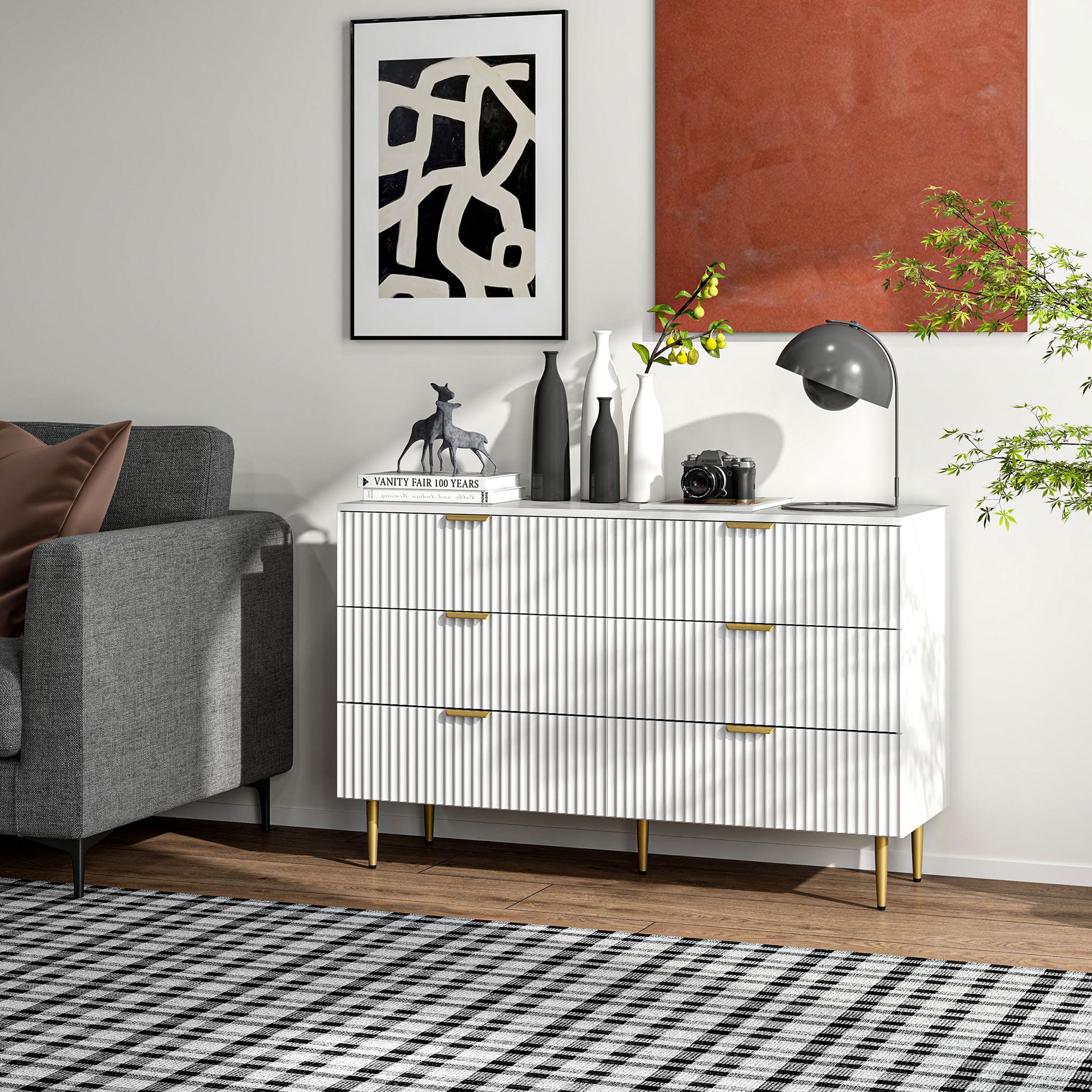 Modern 6 Drawer Chest of Drawers - White with Gold Legs 47" W-DECOROLALA