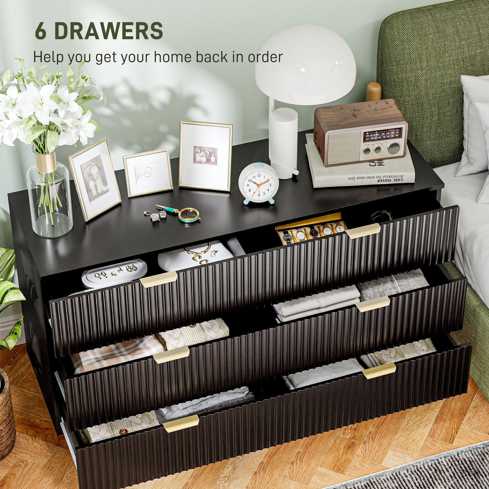 Modern 6 Drawer Dresser - Black with Gold Legs and Handles-DECOROLALA