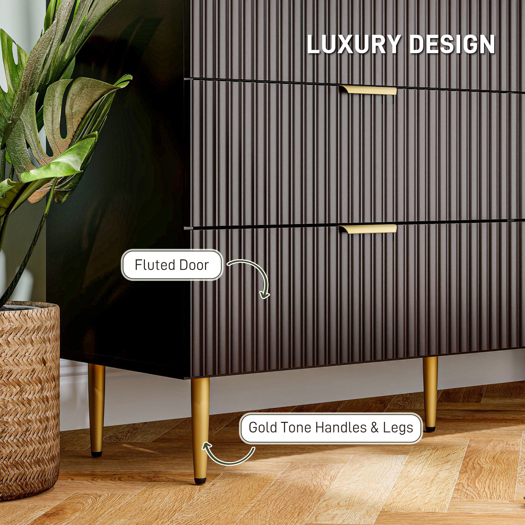 Modern 6 Drawer Dresser - Black with Gold Legs and Handles-DECOROLALA