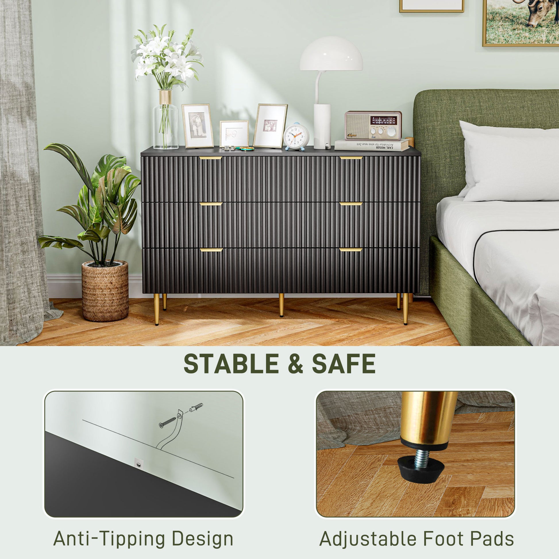 Modern 6 Drawer Dresser - Black with Gold Legs and Handles-DECOROLALA