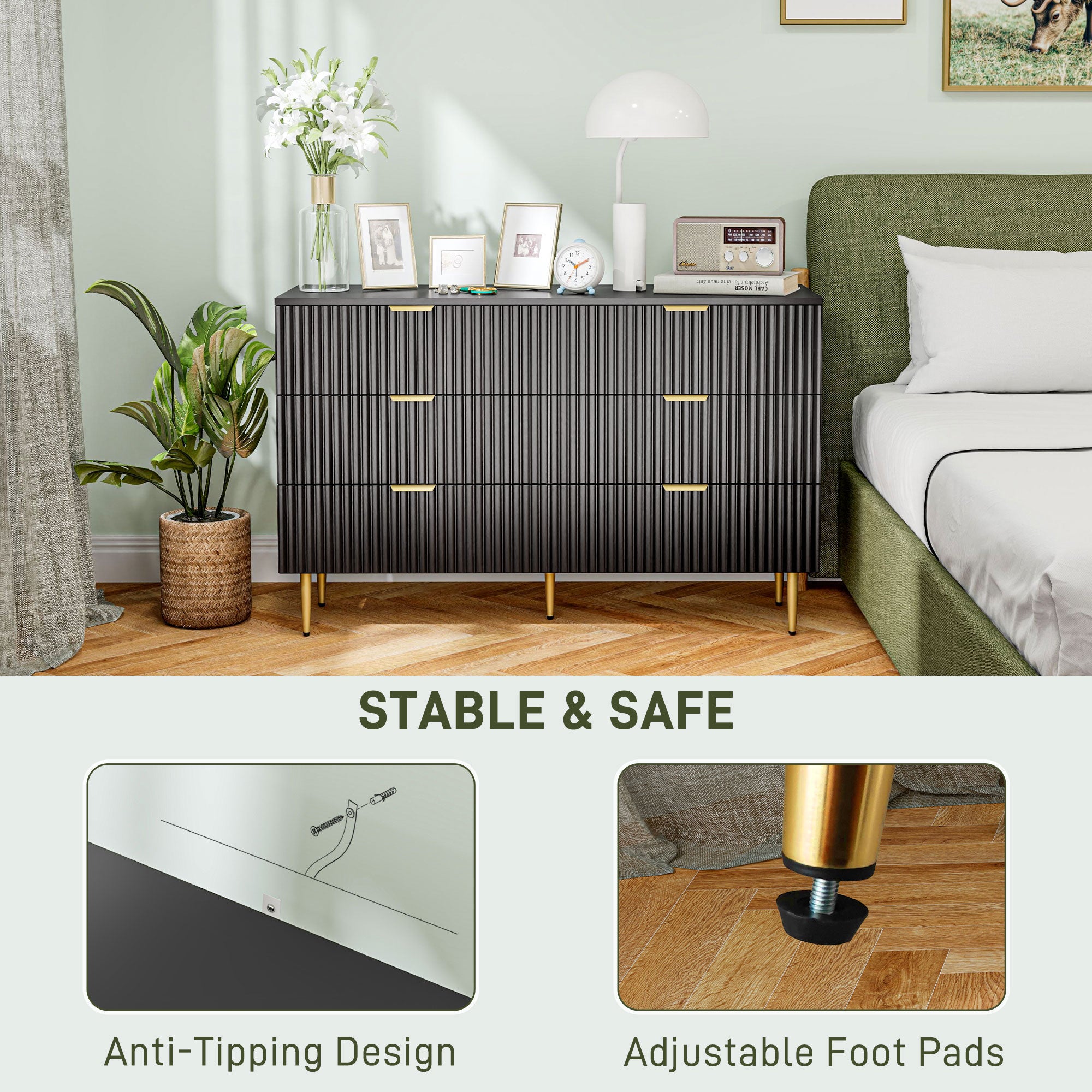 Modern 6 Drawer Dresser - Black with Gold Legs and Handles-DECOROLALA