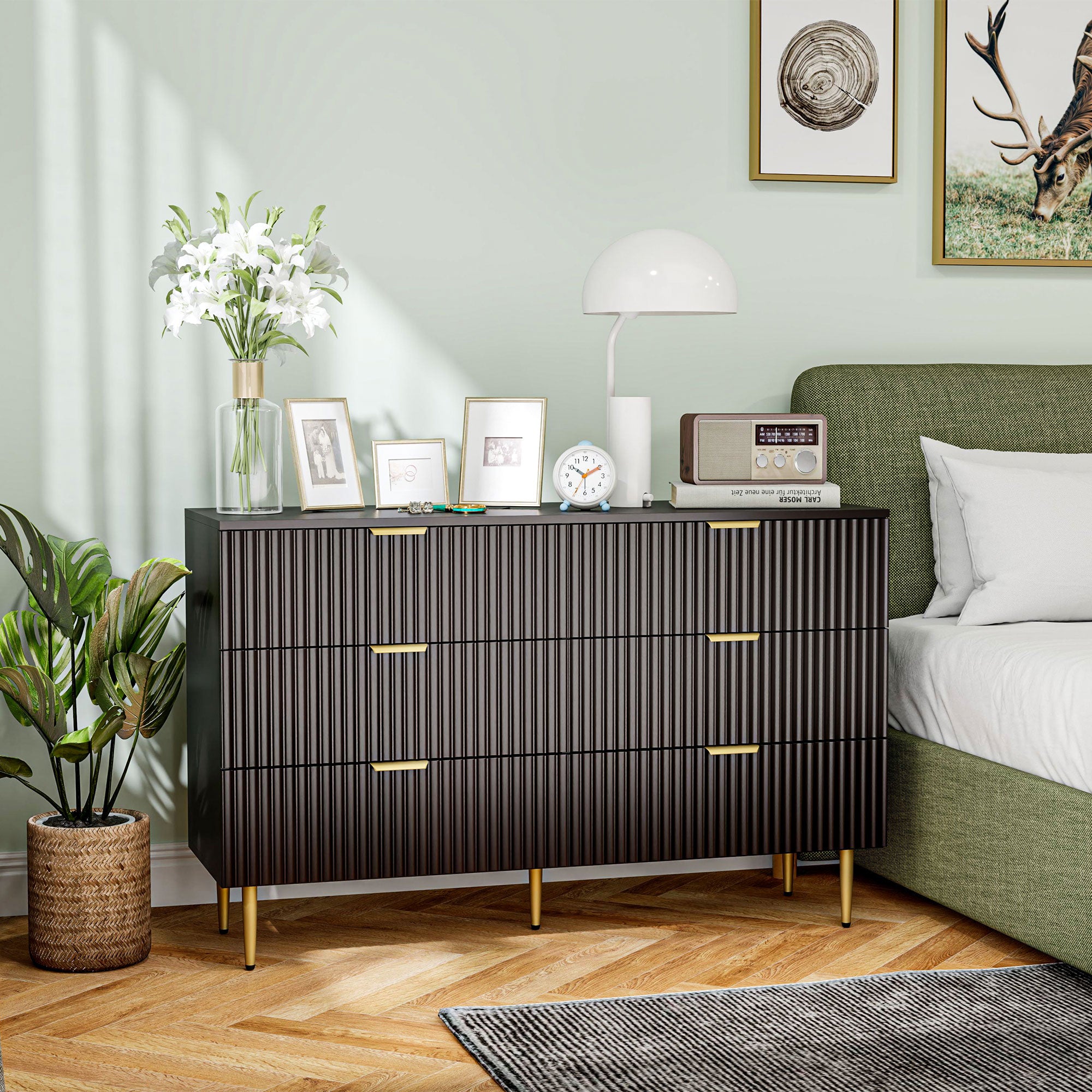 Modern 6 Drawer Dresser - Black with Gold Legs and Handles-DECOROLALA