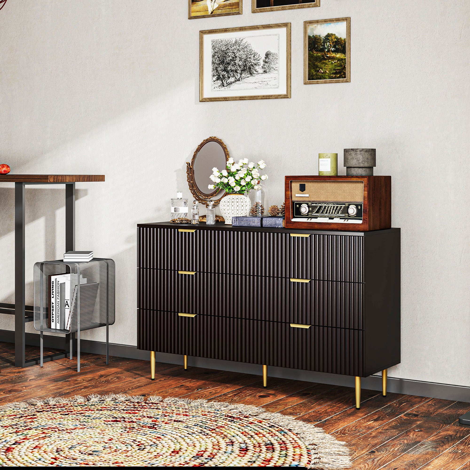 Modern 6 Drawer Dresser - Black with Gold Legs and Handles-DECOROLALA