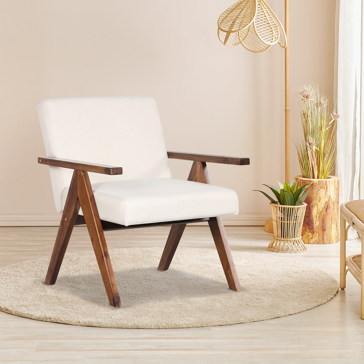 Modern Accent Chair Linen Fabric Armchair with Solid Acacia Wood Frame-Beige-Accent Chairs-DECOROLALA
