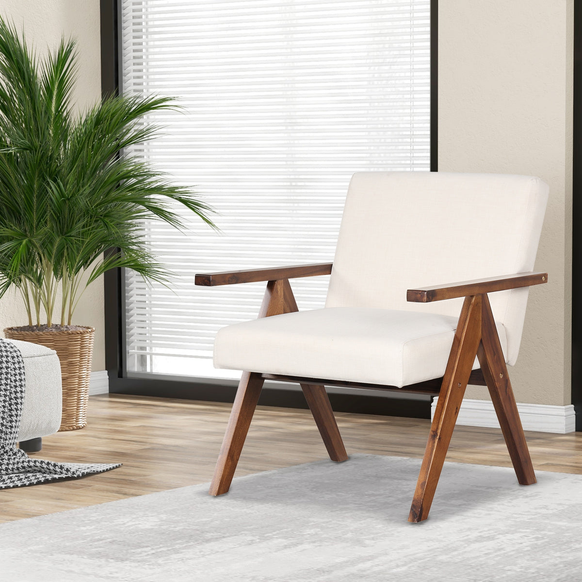 Modern Accent Chair Linen Fabric Armchair with Solid Acacia Wood Frame-Beige-Accent Chairs-DECOROLALA