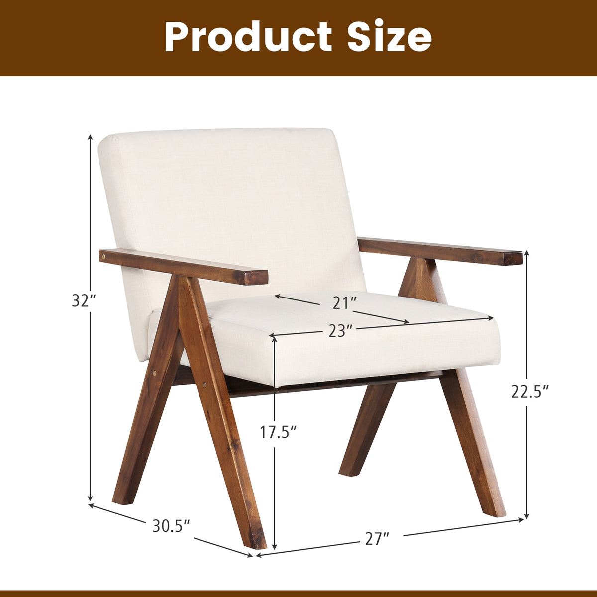 Modern Accent Chair Linen Fabric Armchair with Solid Acacia Wood Frame-Beige-Accent Chairs-DECOROLALA