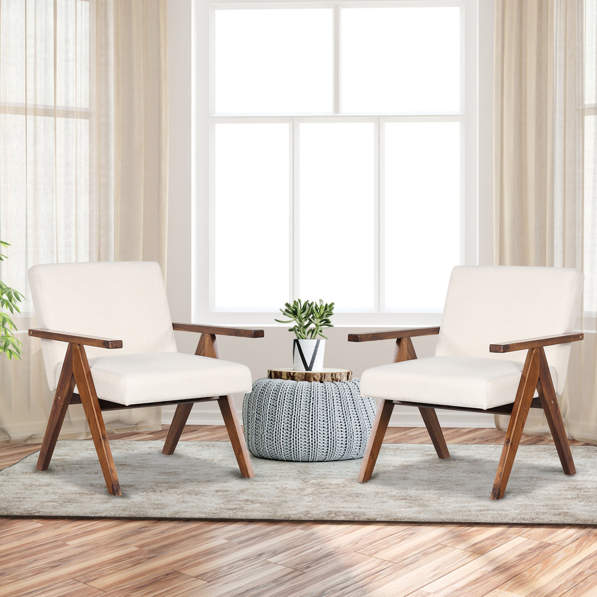 Modern Accent Chair Linen Fabric Armchair with Solid Acacia Wood Frame-Beige-Accent Chairs-DECOROLALA