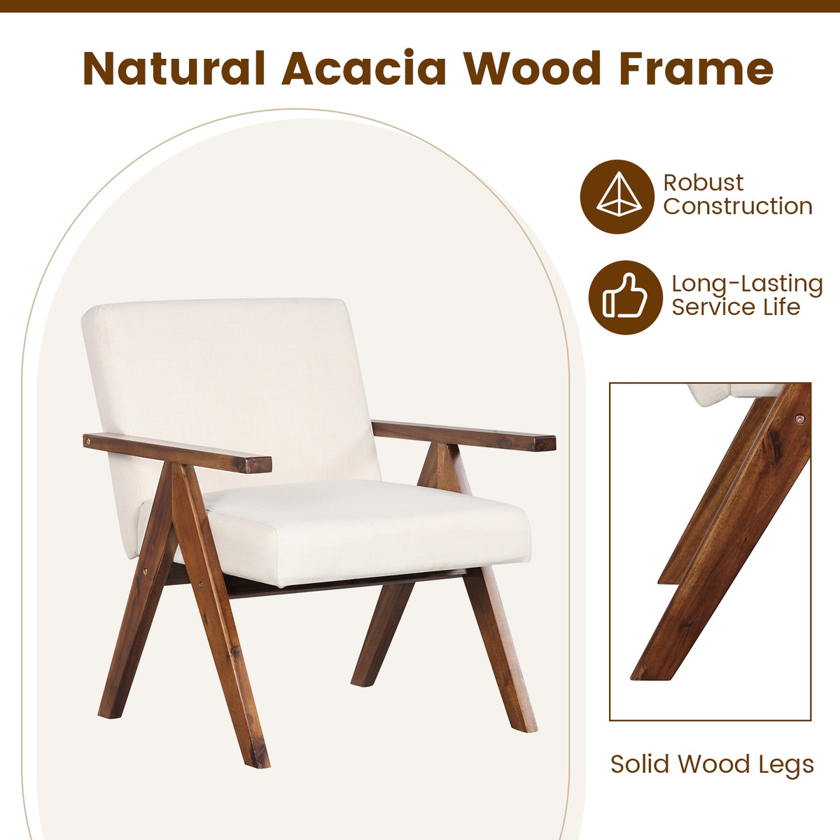 Modern Accent Chair Linen Fabric Armchair with Solid Acacia Wood Frame-Beige-Accent Chairs-DECOROLALA