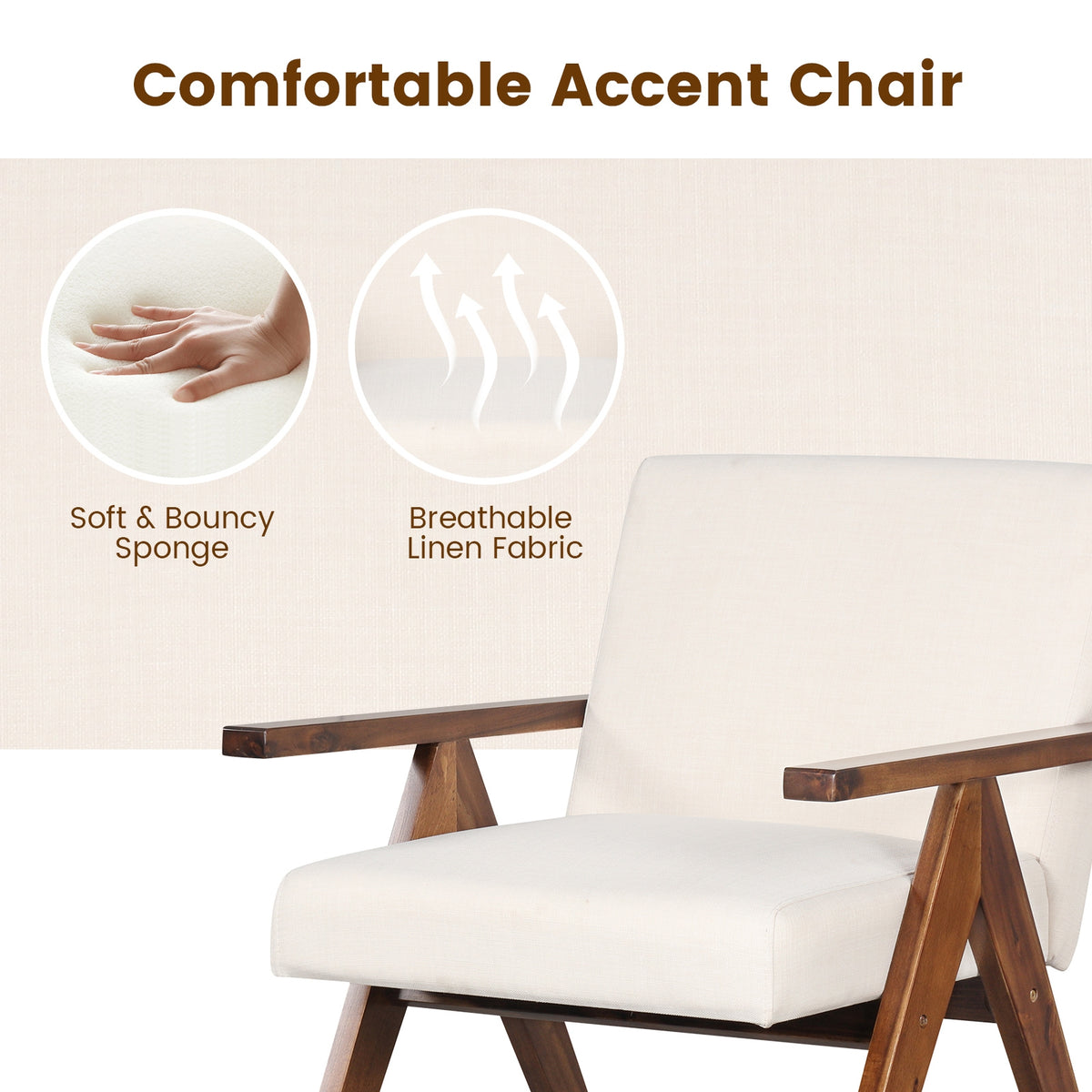 Modern Accent Chair Linen Fabric Armchair with Solid Acacia Wood Frame-Beige-Accent Chairs-DECOROLALA