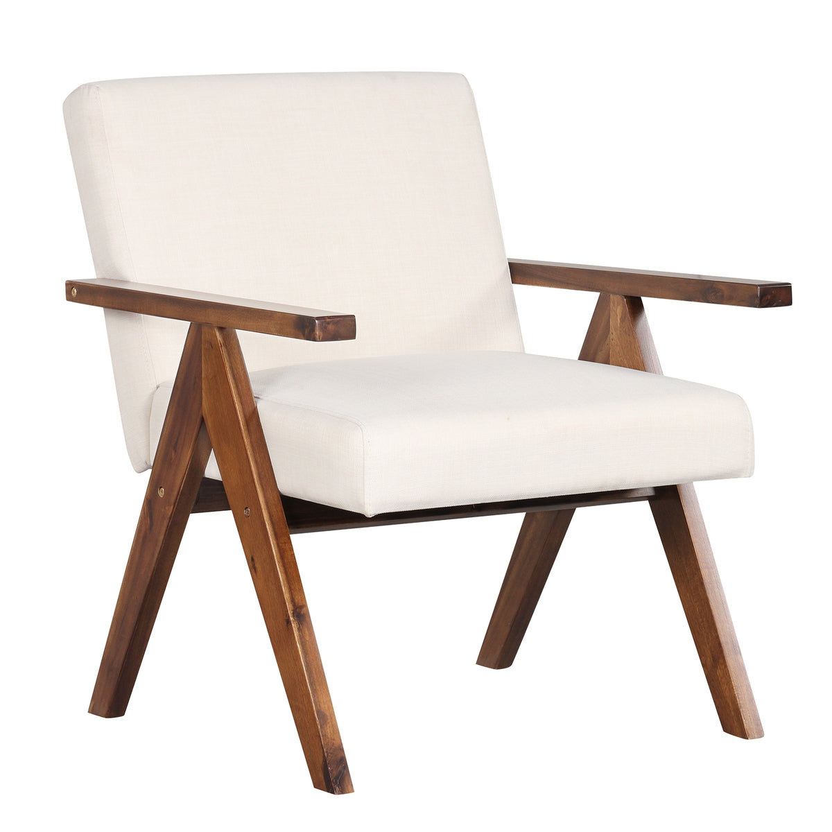 Modern Accent Chair Linen Fabric Armchair with Solid Acacia Wood Frame-Beige-Accent Chairs-DECOROLALA