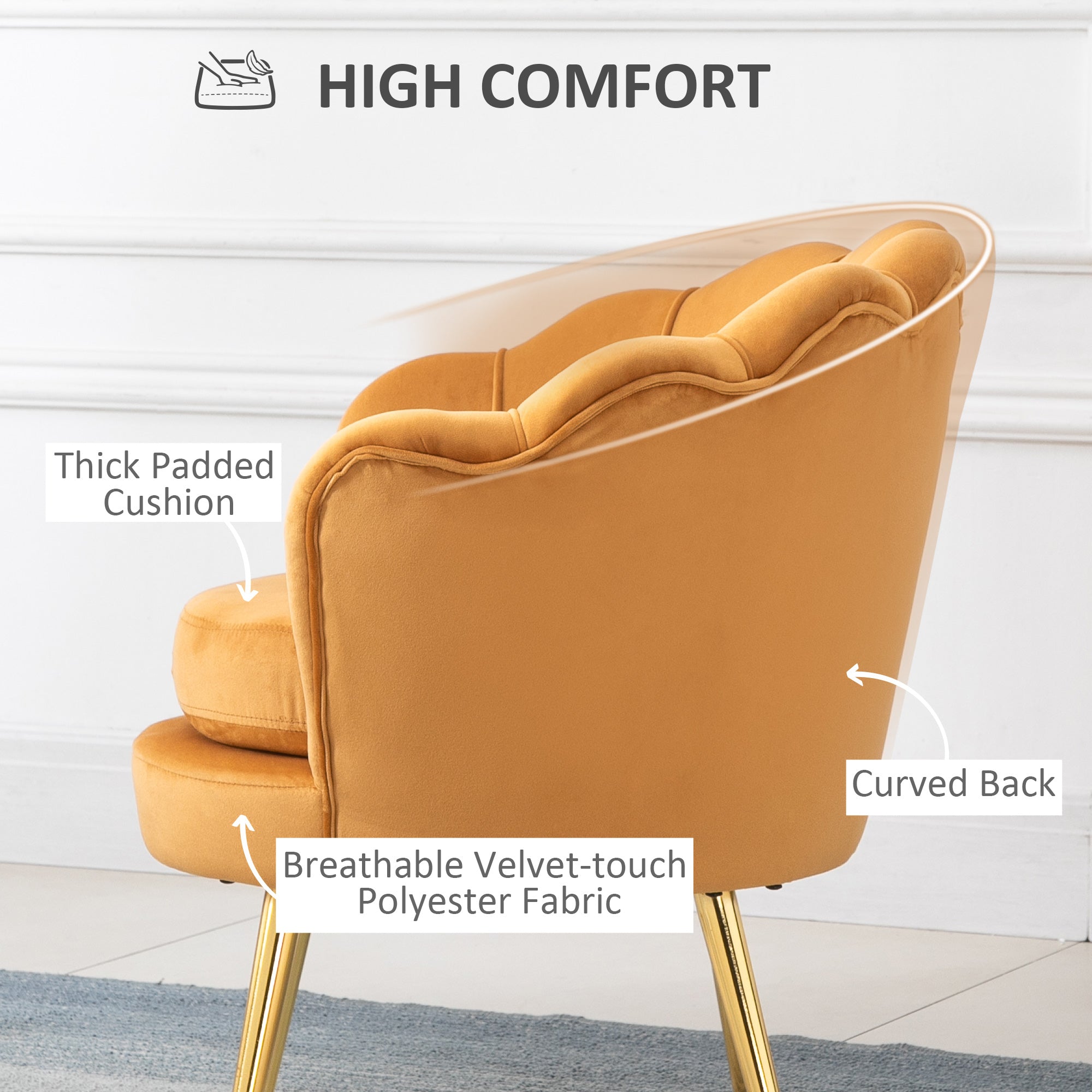 Modern Accent Chair Yellow Velvet-Touch Gold Legs-DECOROLALA