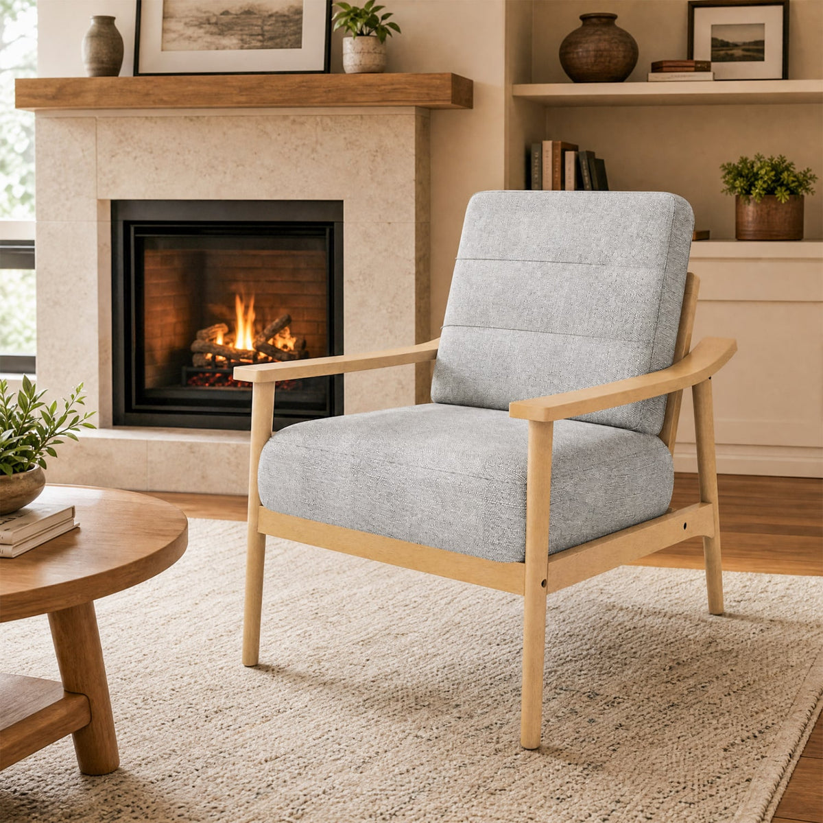 Modern Accent Chair with Rubber Wood Armrests and Legs for Living Room-Natural-Accent Chairs-DECOROLALA
