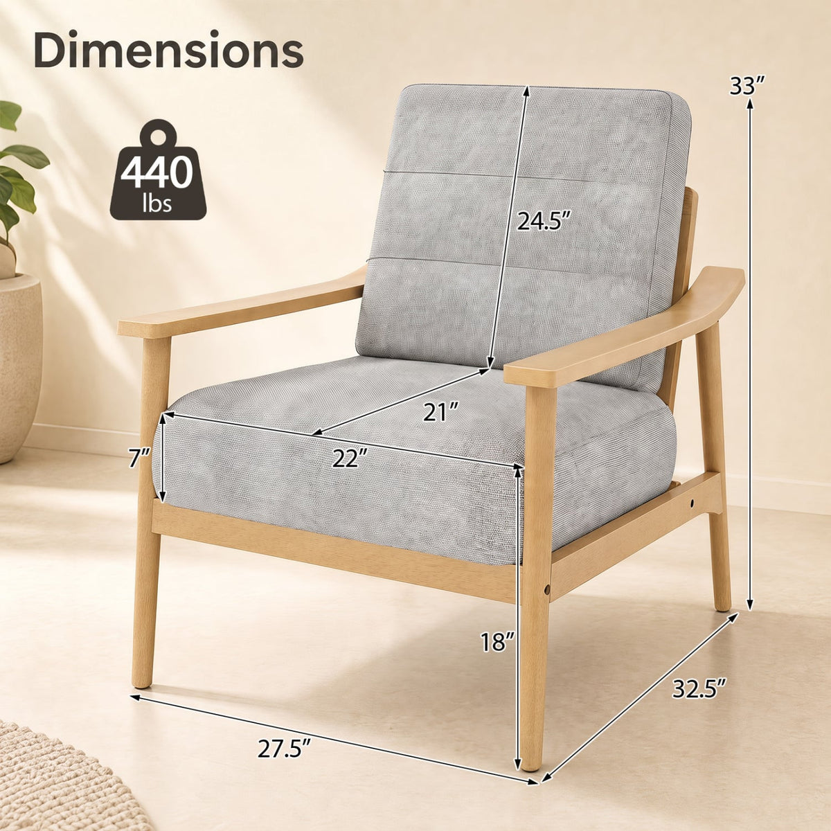 Modern Accent Chair with Rubber Wood Armrests and Legs for Living Room-Natural-Accent Chairs-DECOROLALA